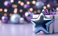 Gift box with metallic blue star decoration and purple ribbon against blurred purple and silver Christmas ornaments background with bokeh lights.