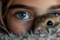Close up portrait showing human blue eye and cat eye side by side in artistic composition against soft fur background, creating emotional connection between human and pet.