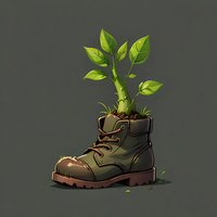 Green plant growing from old military boot with soil inside, symbolizing new life, hope and environmental sustainability concept on dark background.