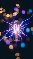 Vintage Edison bulb with electric lightning bolts and colorful bokeh lights on dark background for creative energy and innovation concepts.