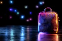 Glowing neon backpack with vibrant pink and purple edges against dark background with bokeh lights reflecting on wet surface, futuristic style composition.