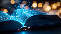 Magical open book with glowing blue sparkles and light rising from pages against blurred golden bokeh background, creating enchanting atmosphere.