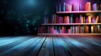 Atmospheric wooden stage or platform with blurred bookshelf background illuminated by colorful neon lights creating dreamy, mystical ambiance for product display or presentation.