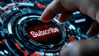Finger pressing glowing red subscribe button with futuristic HUD interface elements and digital circles in dark technological background.