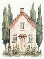 Watercolor cottage with arched windows and door, cream walls and terracotta roof, flanked by tall cypress trees and garden herbs, soft pastoral style.