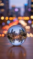 Crystal sphere capturing illuminated downtown skyline at dusk with bokeh city lights, suitable for urban business, technology, and vision concepts.