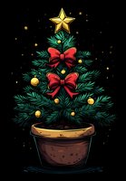 Festive miniature Christmas tree in clay pot decorated with red bows, golden ornaments and star topper against dark background. Stylized holiday illustration.