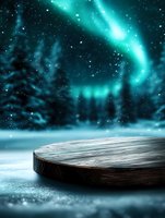 Wooden round podium on snowy ground with magical northern lights and forest silhouettes in turquoise night sky, stars scattered across aurora borealis display.