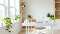 Bright home office workspace with white desk, modern chair, potted plants, and natural light from large windows, suitable for remote work and productivity concepts.