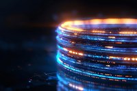 Glowing stack of cryptocurrency coins with blue and orange light effects against dark background, symbolizing digital finance technology.