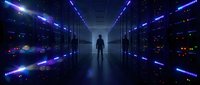 Silhouette of male figure standing in modern data center corridor with illuminated server racks and blue neon lighting, representing technology, cybersecurity, and digital infrastructure for IT concepts.