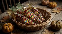 Colorful Indian corn ears in wicker basket with autumn pumpkins on rustic wooden table for seasonal harvest decoration and Thanksgiving celebrations.