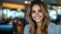 Young blonde woman with bright smile in casual sweater at modern cafe or restaurant with warm bokeh lighting background for lifestyle and hospitality concepts.