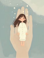 Young Asian girl in white nightgown standing on giant protective hand with stars floating around, dreamy children illustration in soft pastel colors. Suitable for nursery art.