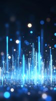 Glowing blue vertical light bars with bokeh effects on dark background create futuristic technology visualization for digital media and presentations.