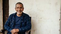 Senior man with gray hair and facial hair wearing blue denim shirt over navy t-shirt, sitting against weathered white wall. Portrait suitable for lifestyle, aging, and character stock needs.