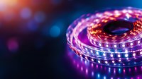 LED strip lights glowing in vibrant purple and blue colors against dark background with bokeh effect, creating modern atmospheric lighting for interior design.