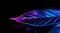 Glowing neon leaf skeleton with vibrant blue and purple gradient colors on black background, macro photography style detail showing delicate vein patterns.