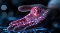 Magical glowing pink and purple sparkles floating above open palm in dark atmosphere with bokeh lights, creating mystical ethereal effect for fantasy designs.