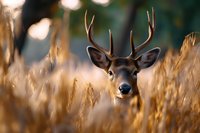 Young buck deer with antlers peering through tall golden wheat field at sunset, close up portrait with bokeh background and warm autumn colors.