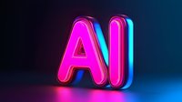 Glowing pink AI letters with neon effect on dark blue background, modern technology concept for artificial intelligence and machine learning.