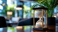Vintage hourglass with flowing sand on wooden desk in modern office environment with green plants and blurred background lights creating professional atmosphere.