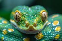 Extreme close-up of green tree python face showing detailed scales, mesmerizing yellow eyes and water droplets creating sparkle effect against dark background.