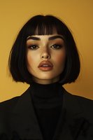 Asian woman with short black bob haircut and bangs wearing black turtleneck against golden background. Dramatic makeup with bold lips and defined brows creates striking portrait.