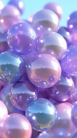 Iridescent spheres in pastel purple and blue tones with reflective surfaces create dreamy abstract composition with soft bokeh lighting effects and gentle color transitions.