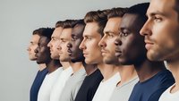 Diverse group of young professional men standing in profile line showing multicultural teamwork and unity in modern workplace setting.