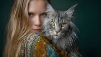 Young woman with long blonde hair and blue eyes poses with majestic grey Maine Coon cat against dark green background, wearing ornate floral pattern dress.