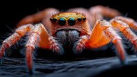 Orange jumping spider macro photography showing detailed eyes and fuzzy legs on dark surface for educational wildlife content.