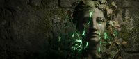 Mystical forest goddess emerges from ancient stone wall covered in ivy and moss. Fantasy nature spirit with ethereal green lighting for creative projects.