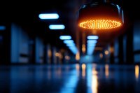 Orange glowing industrial lamp illuminates dark corridor with blue reflective floor, creating dramatic lighting effect and moody atmosphere.