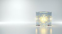 Glowing light bulb enclosed in transparent glass cube on white surface, symbolizing innovation, creativity, and bright ideas for business and technology concepts.
