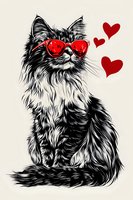 Cool cat wearing red heart-shaped sunglasses with floating hearts, black and white sketch style on light background. Trendy fashion illustration for valentine cards.