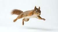 Red squirrel jumping mid-air with fluffy tail extended, isolated on white background for wildlife and nature designs.