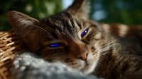 Sleepy brown tabby cat with bright blue eyes resting in wicker basket, close-up portrait showing peaceful expression and soft fur texture. Perfect for pet care themes.