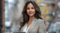 Confident Hispanic businesswoman with long wavy dark hair wearing gray blazer and white blouse smiling at camera against blurred urban background.
