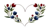 Watercolor heart-shaped floral wreath with red and navy blue tulips, green leaves and berries on white background, suitable for wedding invitations and romantic designs.