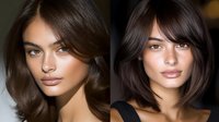 Two young women with trendy brown hair showcasing modern hairstyles and natural makeup looks for beauty and fashion concepts.