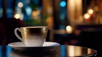 Empty textured coffee cup and saucer on reflective surface with warm and cool bokeh lights in blurred background, suitable for cafe, beverage, and hospitality designs.