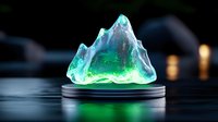 Glowing mountain crystal on illuminated display base emits ethereal green and blue light against dark background, creating mystical atmosphere.