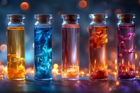 Magical potion bottles with glowing colorful liquids in glass vials with cork stoppers against blurred bokeh background.