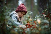 Young blonde girl in red knit hat exploring autumn forest, picking red berries among green foliage. Child nature discovery and seasonal outdoor adventure.
