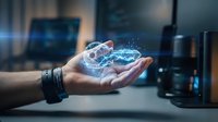 Male hand holding glowing digital network hologram with connected nodes and data streams in modern tech workspace for business innovation concepts.