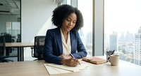 Professional African American businesswoman writing notes at modern office desk with city view. Corporate executive planning strategy in bright workspace.