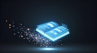 Glowing digital book with particles dispersing into data streams on dark background, representing online learning, e-learning platforms, digital education technology.