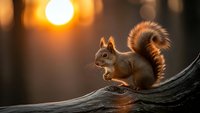Red squirrel sitting on wooden log during golden hour sunset with warm bokeh background creating peaceful wildlife scene for nature photography.