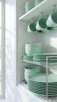 Mint green ceramic dinnerware collection organized on white kitchen shelves with modern storage solutions for contemporary home interior design.